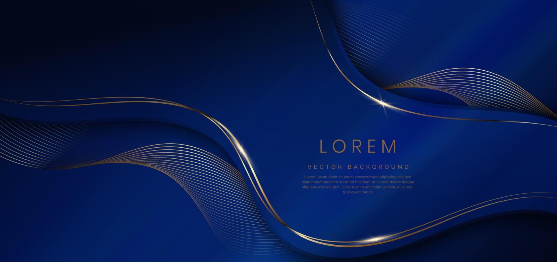 abstrait 3d bleu foncé avec des lignes dorées incurvées scintillantes ondulées avec espace de copie pour le texte. conception de modèle de style de luxe. vecteur