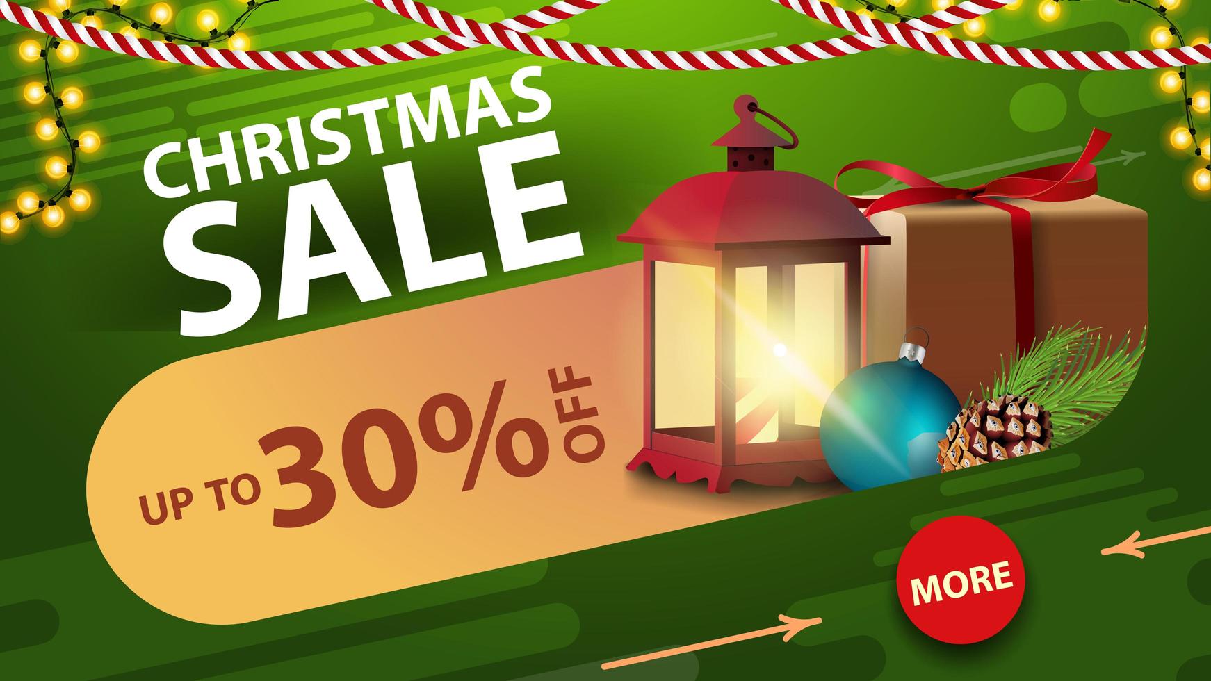 vente de Noël, jusqu'à 30 de réduction, bannière de réduction verte avec guirlande, bouton, cadeau, lanterne vintage et branche d'arbre de Noël vecteur