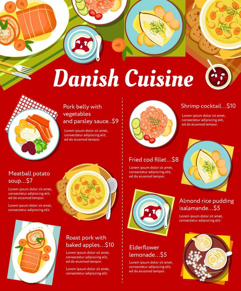 conception de menus de repas de restaurant de cuisine danoise vecteur
