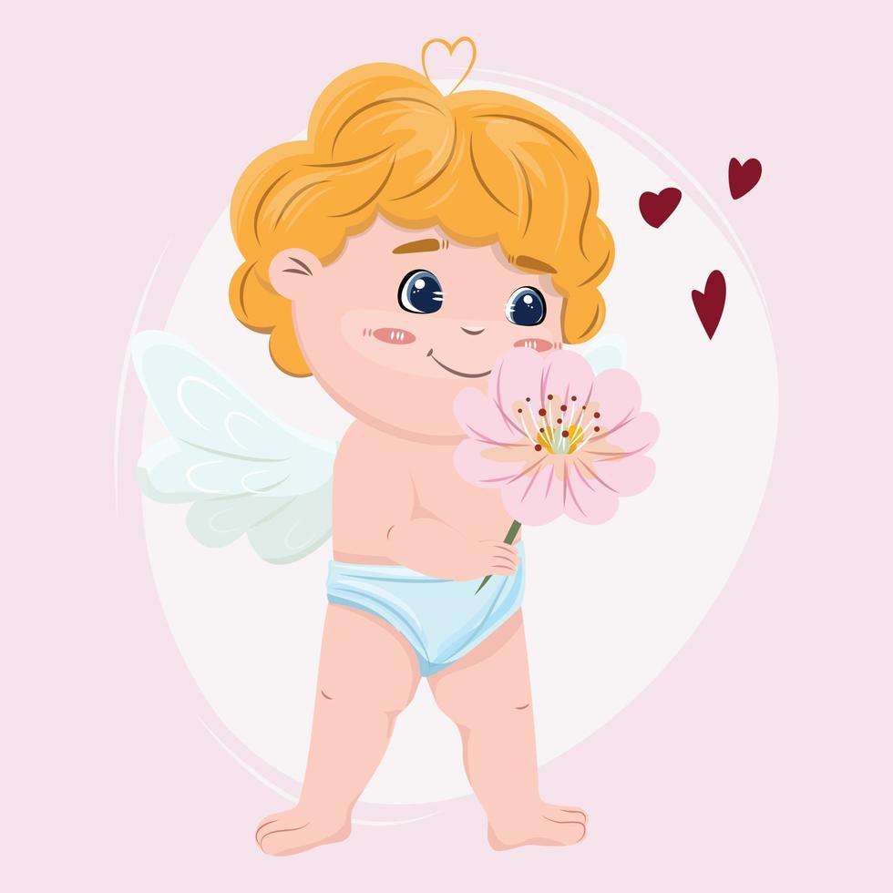 adorable cupidon avec la fleur. pour cartes, affiches, bannières, impressions, publicités. Joyeuse saint Valentin. vecteur