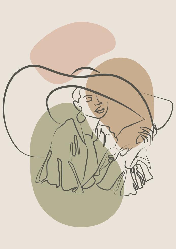 jeune femme en illustration de dessin linéaire de chapeau à large bord. personnage de dessin animé de dame d'été isolé sur fond beige. dessin au trait moderne minimaliste. vecteur a4 impression