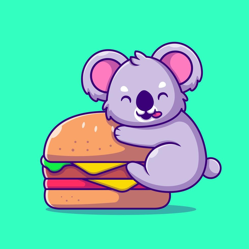 koala mignon avec illustration d'icône de vecteur de dessin animé gros burger. concept d'icône d'aliments pour animaux isolé vecteur premium. style de dessin animé plat