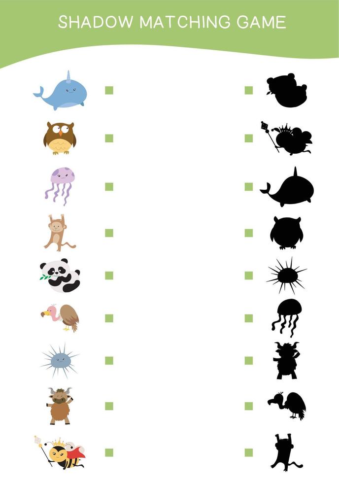 animaux correspondant au jeu d'ombre pour les enfants d'âge préscolaire. feuille de travail imprimable éducative. faire correspondre les images avec la feuille de calcul de l'ombre. fichier vectoriel. vecteur