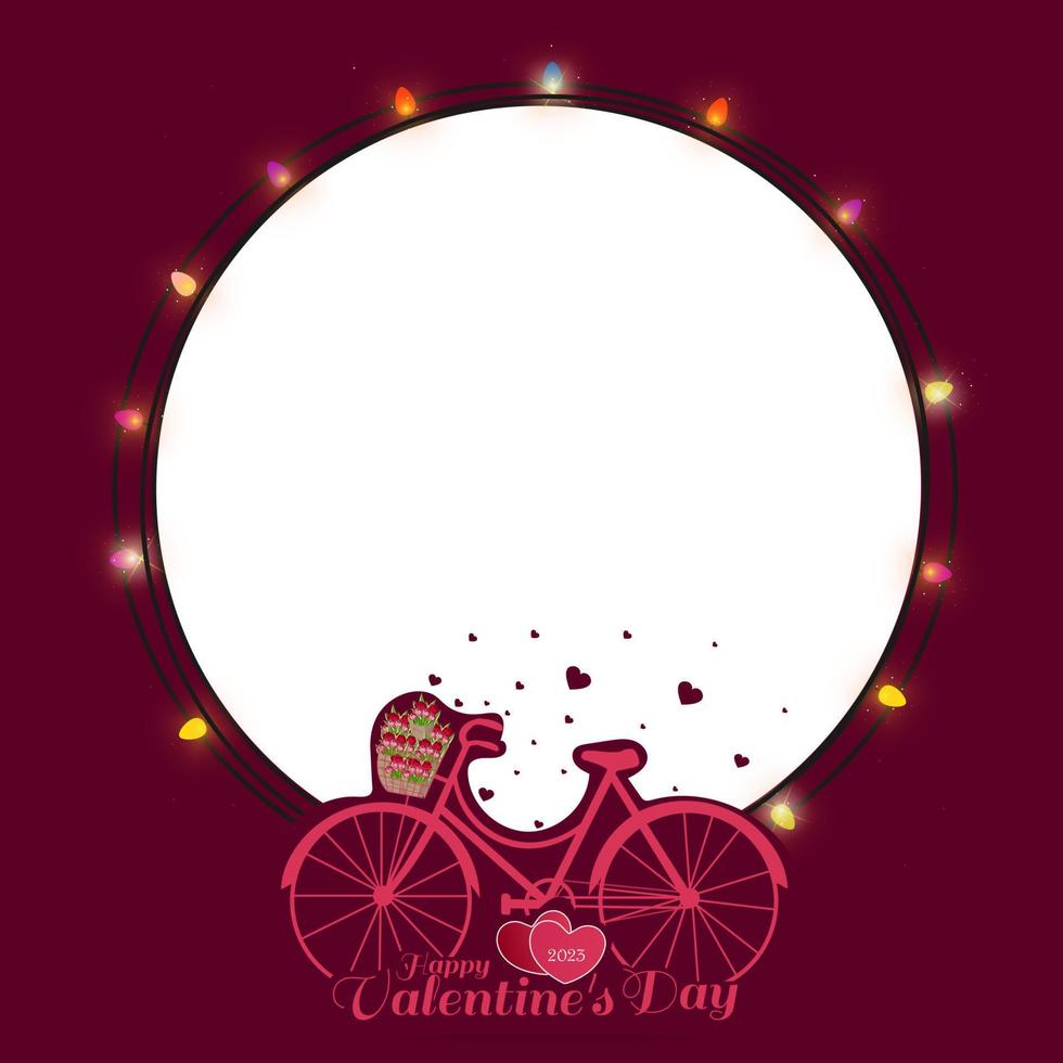 carte de saint valentin. illustration d'un vélo avec des fleurs dans un panier, cadre d'ampoules illuminées de vacances avec espace de copie pour ajouter du texte. vecteur. dessin animé. plat. vecteur