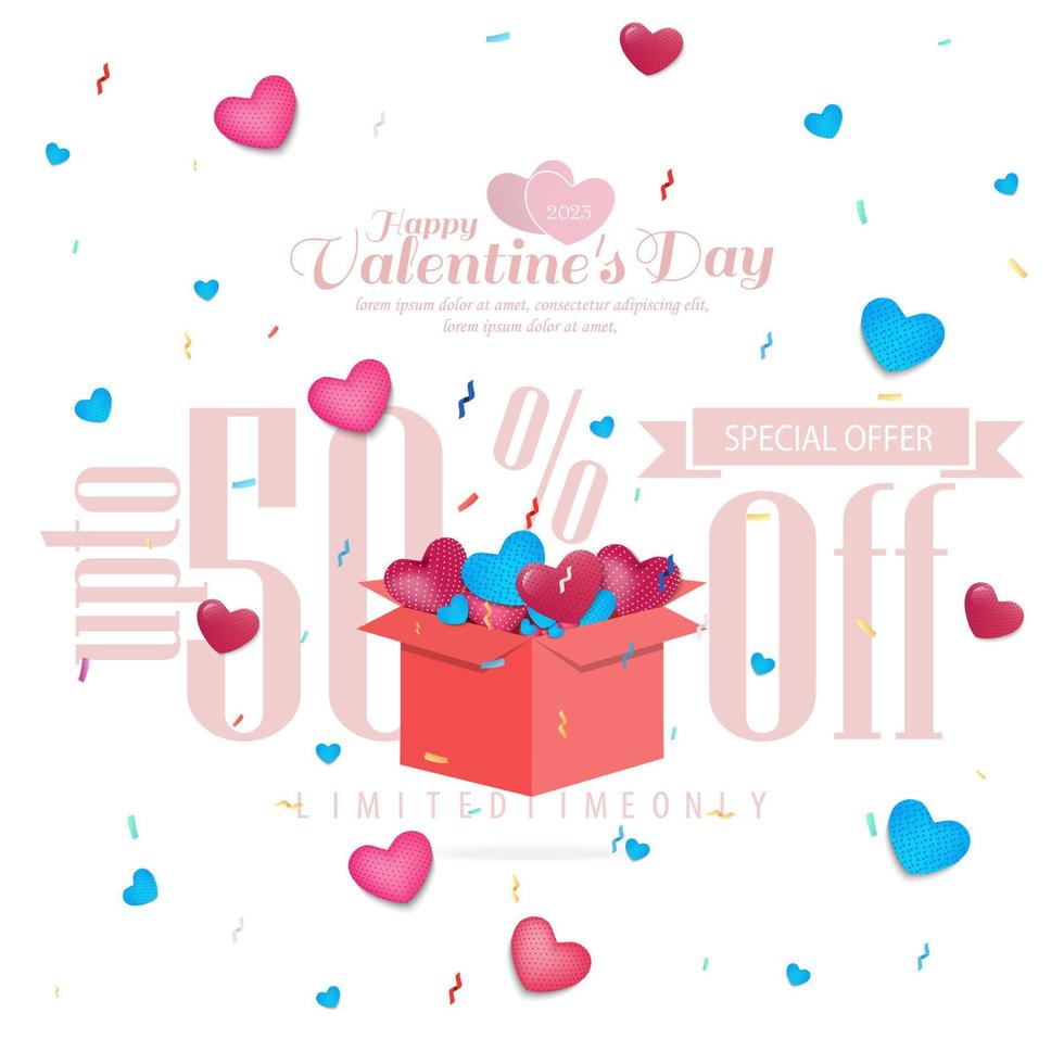 concept de vente de bonne saint valentin. bannière de vente de vacances avec des confettis et des coeurs qui s'envolent lorsque la boîte-cadeau est ouverte. affiche web, dépliant, brochure élégante, carte de voeux. fond d'amour. vecteur