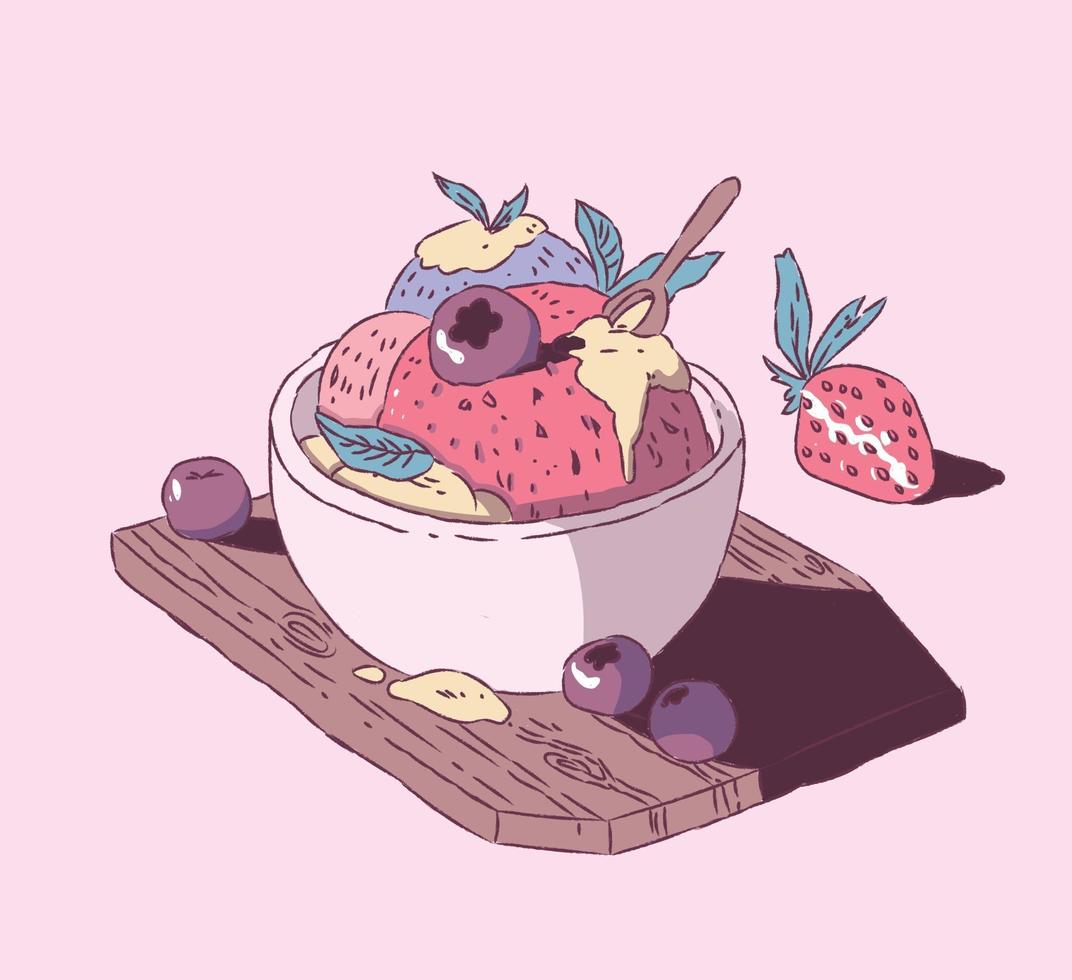 glace à la fraise avec style dessiné à la main de myrtilles, illustration vectorielle de crème glacée vecteur