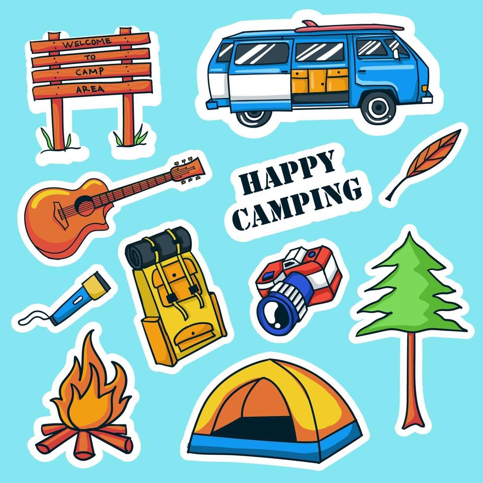 collection d'autocollants de camping colorés dessinés à la main vecteur