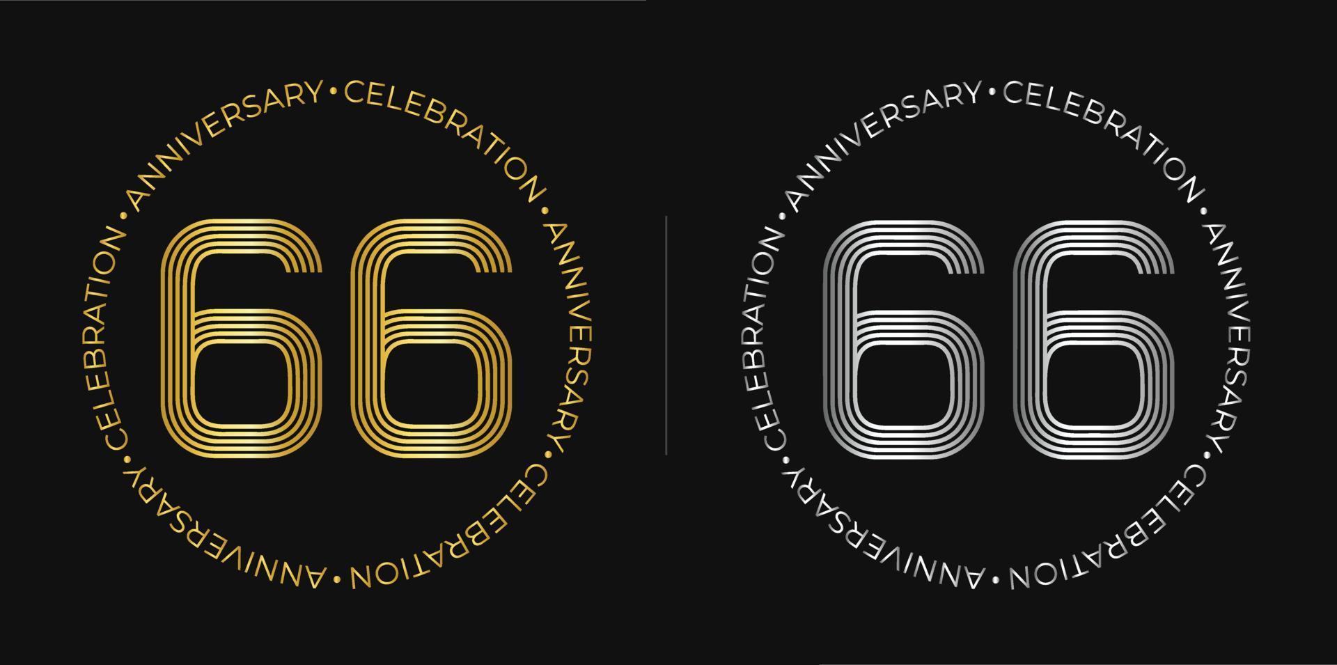 66e anniversaire. bannière de célébration d'anniversaire de soixante-six ans aux couleurs dorées et argentées. logo circulaire avec un design original de chiffres aux lignes élégantes. vecteur