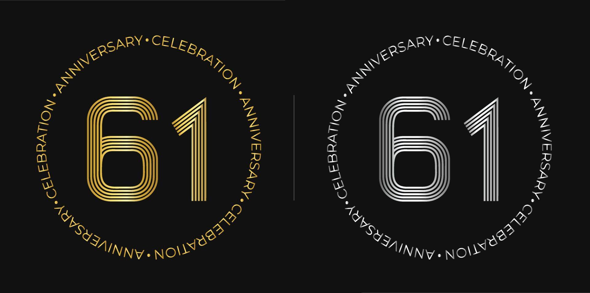 61e anniversaire. bannière de célébration d'anniversaire de soixante et un ans aux couleurs dorées et argentées. logo circulaire avec un design original de chiffres aux lignes élégantes. vecteur