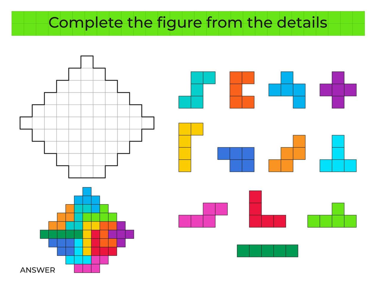 jeu de puzzle avec figure géométrique. détails colorés pour les enfants. figure complète. jeu éducatif pour les enfants, activité de feuille de calcul préscolaire. puzzle. illustration vectorielle. vecteur