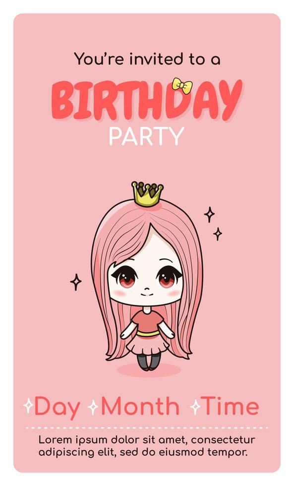 joyeux anniversaire carte d'invitation verticale avec dessin animé kawaii anime girl. illustration vectorielle pour célébrer la date de naissance. conception Web ou imprimée. vecteur