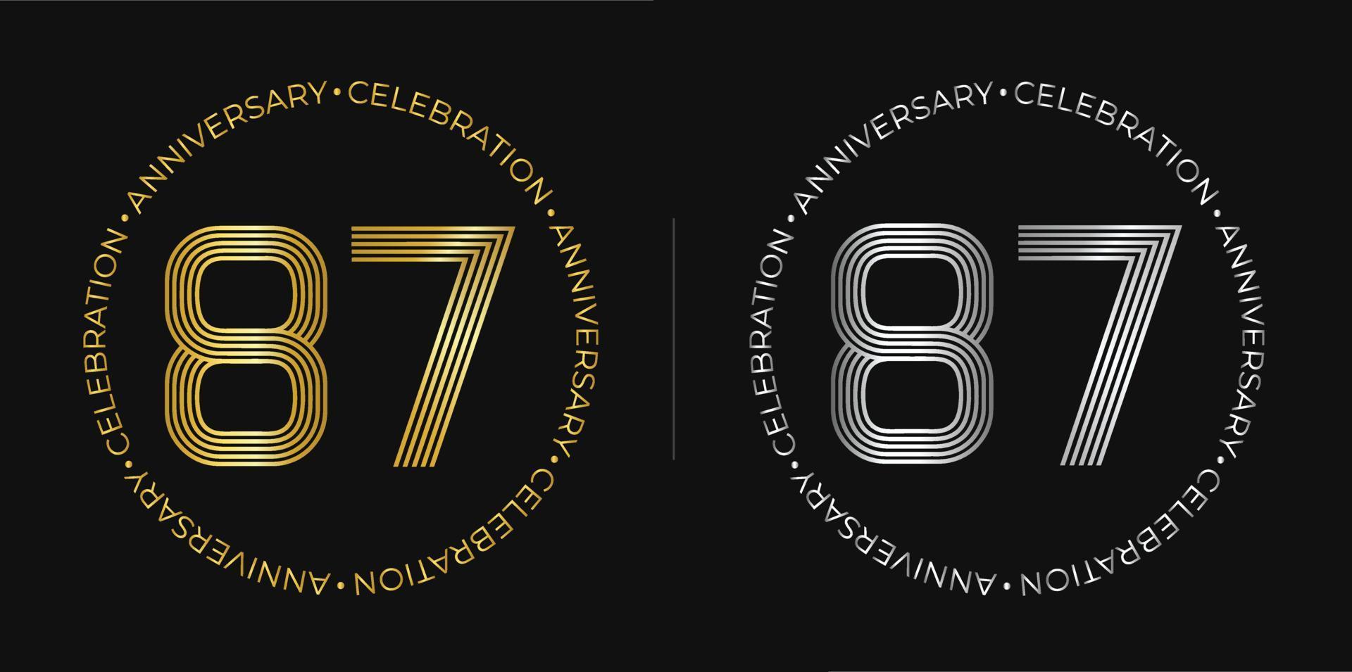 87e anniversaire. bannière de célébration d'anniversaire de quatre-vingt-sept ans aux couleurs dorées et argentées. logo circulaire avec des chiffres originaux aux lignes élégantes. vecteur
