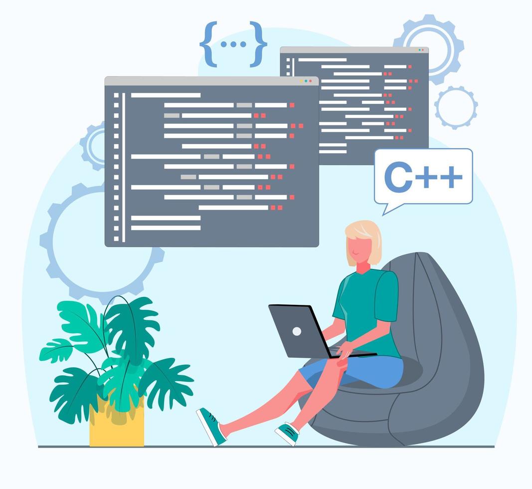 programmeur travaillant. le programmeur travaille sur l'ordinateur. une femme est assise sur une chaise avec un ordinateur portable, au-dessus d'elle se trouvent les fenêtres avec le code du programme. illustration vectorielle plane. vecteur