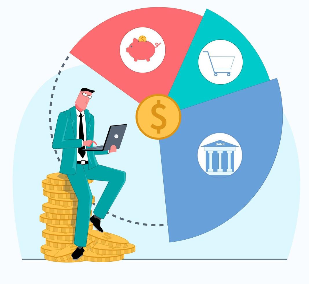 un homme d'affaires est assis sur des pièces d'or avec un ordinateur portable et planifie un budget financier. à côté se trouve un diagramme par secteur du budget. illustration vectorielle plane. vecteur