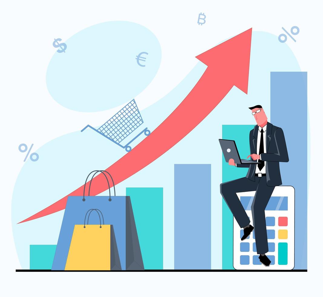 un homme d'affaires est assis sur une calculatrice et tient un ordinateur portable. en arrière-plan se trouve un graphique avec une flèche et un panier montrant la croissance des ventes. illustration vectorielle plane. vecteur