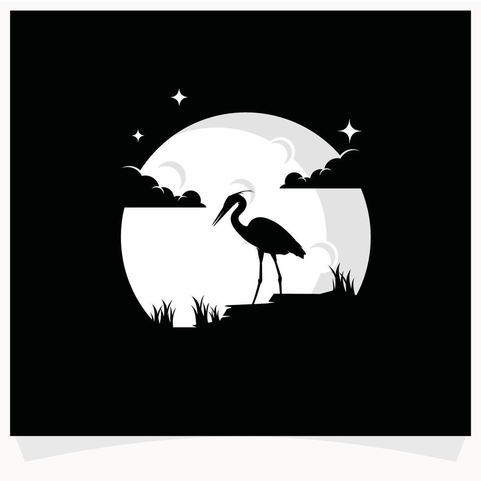 silhouette de héron avec modèle de conception de logo de fond de lune vecteur