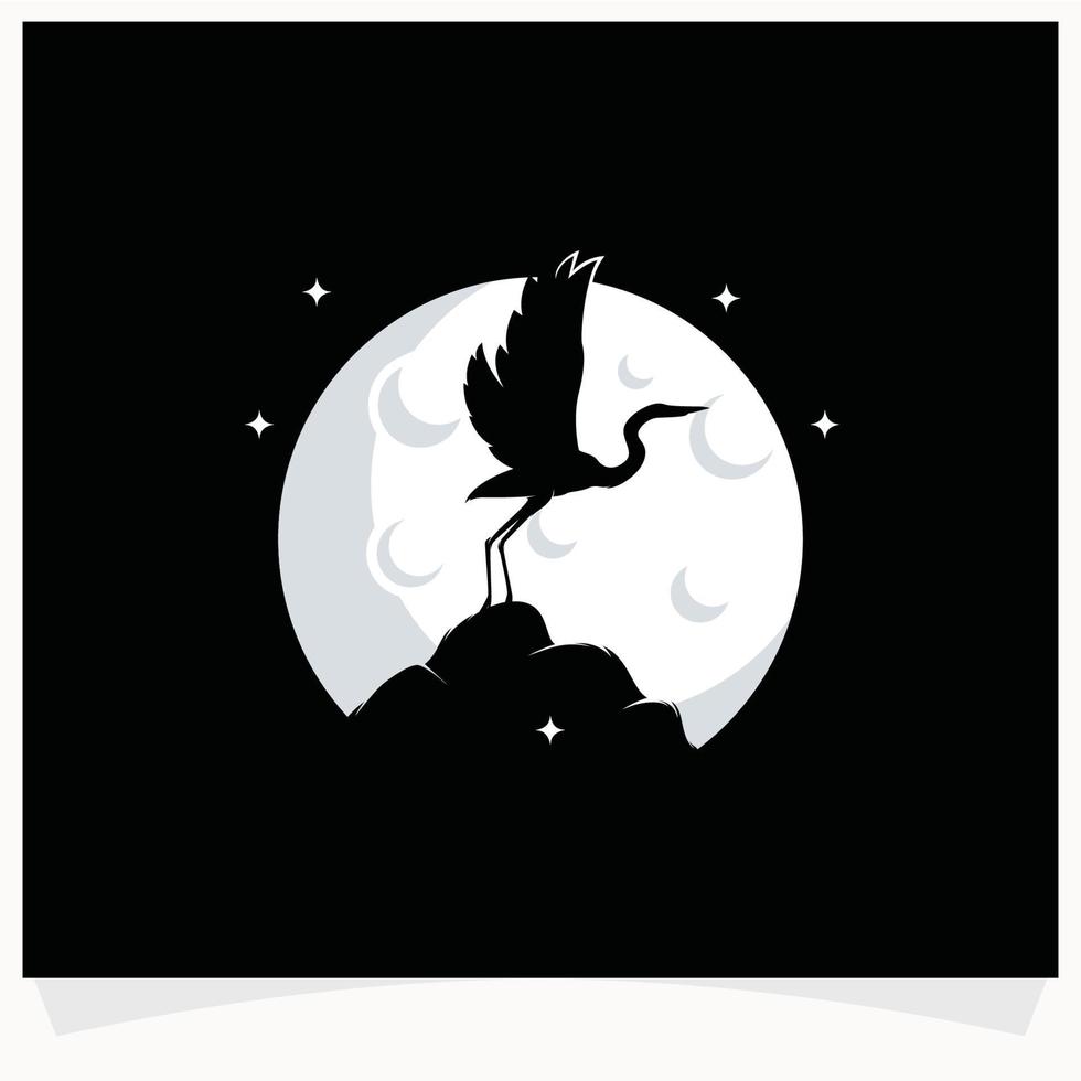 silhouette de héron avec modèle de conception de logo de fond de lune vecteur