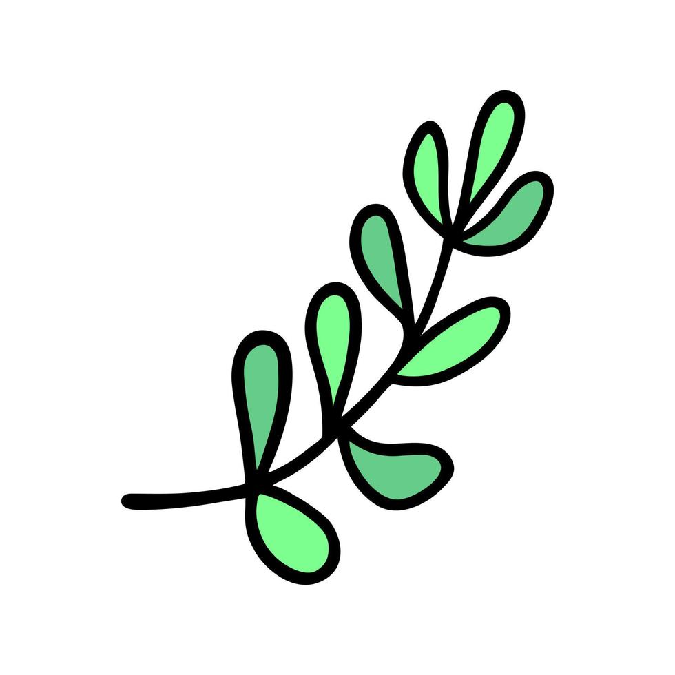 icône de vecteur de branche d'arbre. doodle simple dessiné à la main isolé sur blanc. branche d'acacia à feuilles ovales. plante de forêt, de prairie, de champ ou de jardin. croquis de brindille d'arbuste. clipart de dessin animé plat pour cartes, logo, web