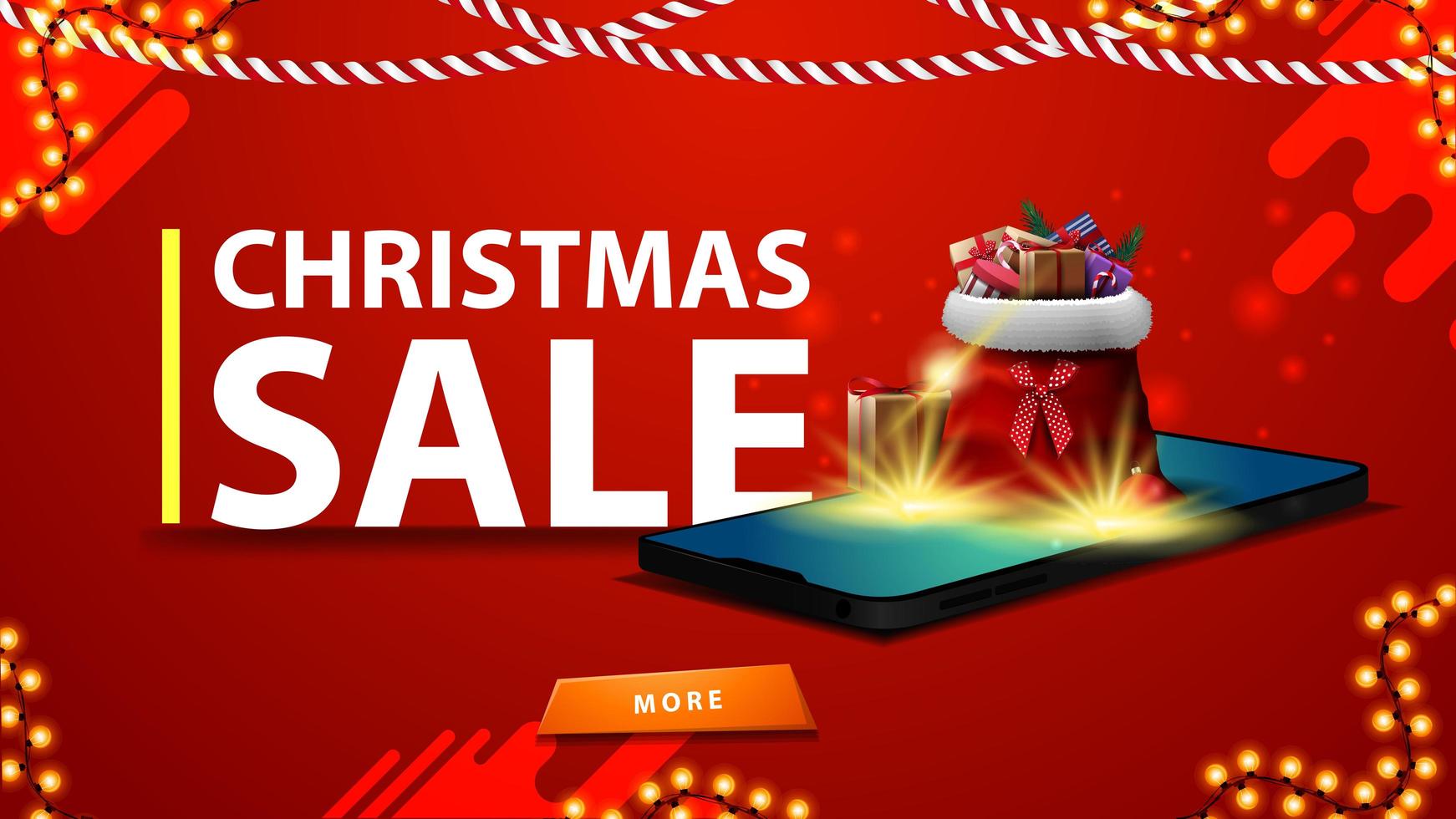 vente de Noël, bannière de réduction moderne avec un smartphone. le sac du père Noël avec des cadeaux est projeté à partir de l'écran vecteur
