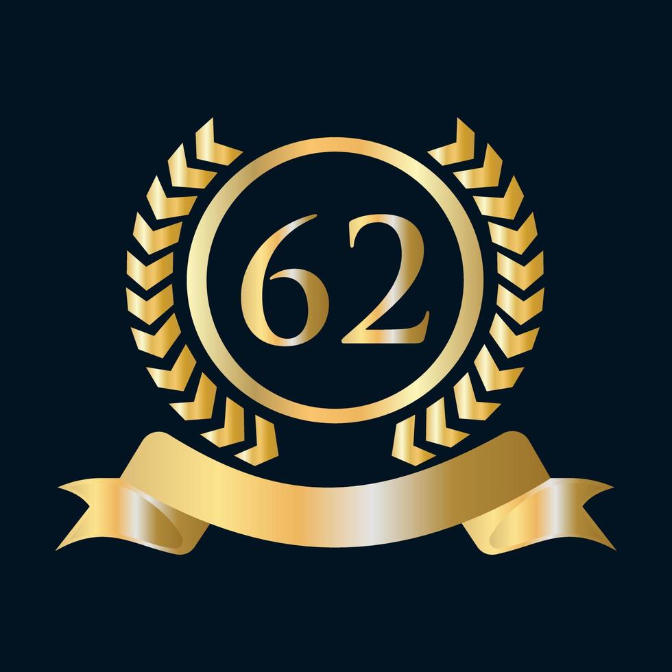 Modèle or et noir de célébration du 62 anniversaire. élément de logo de crête héraldique or style luxe vecteur de laurier vintage