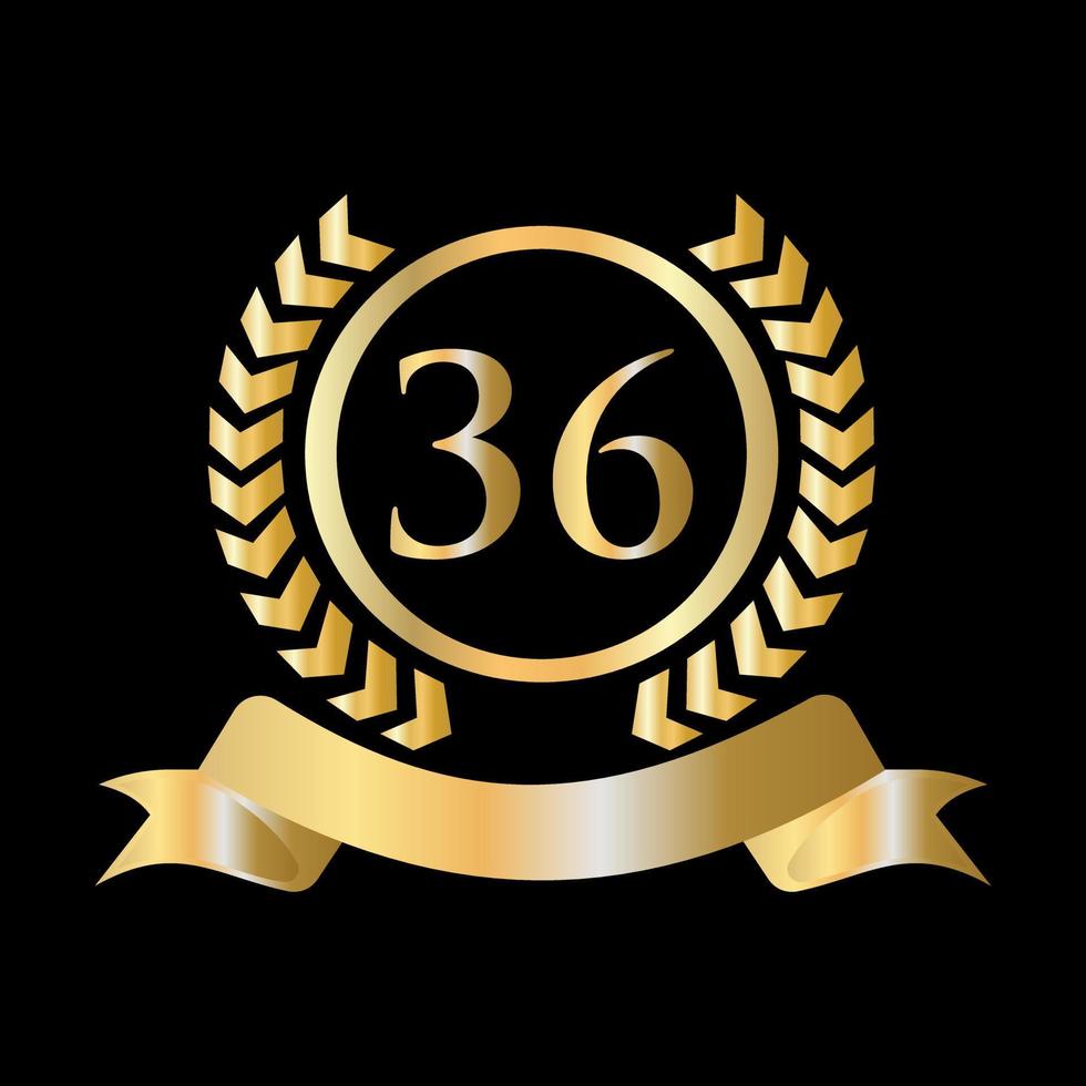 Modèle or et noir de célébration du 36 anniversaire. élément de logo de crête héraldique or style luxe vecteur de laurier vintage