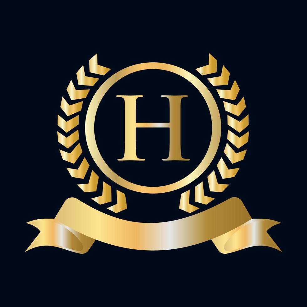 sceau, couronne de laurier d'or et ruban sur le concept de la lettre h. élément de logo de crête héraldique de luxe or vecteur de laurier vintage