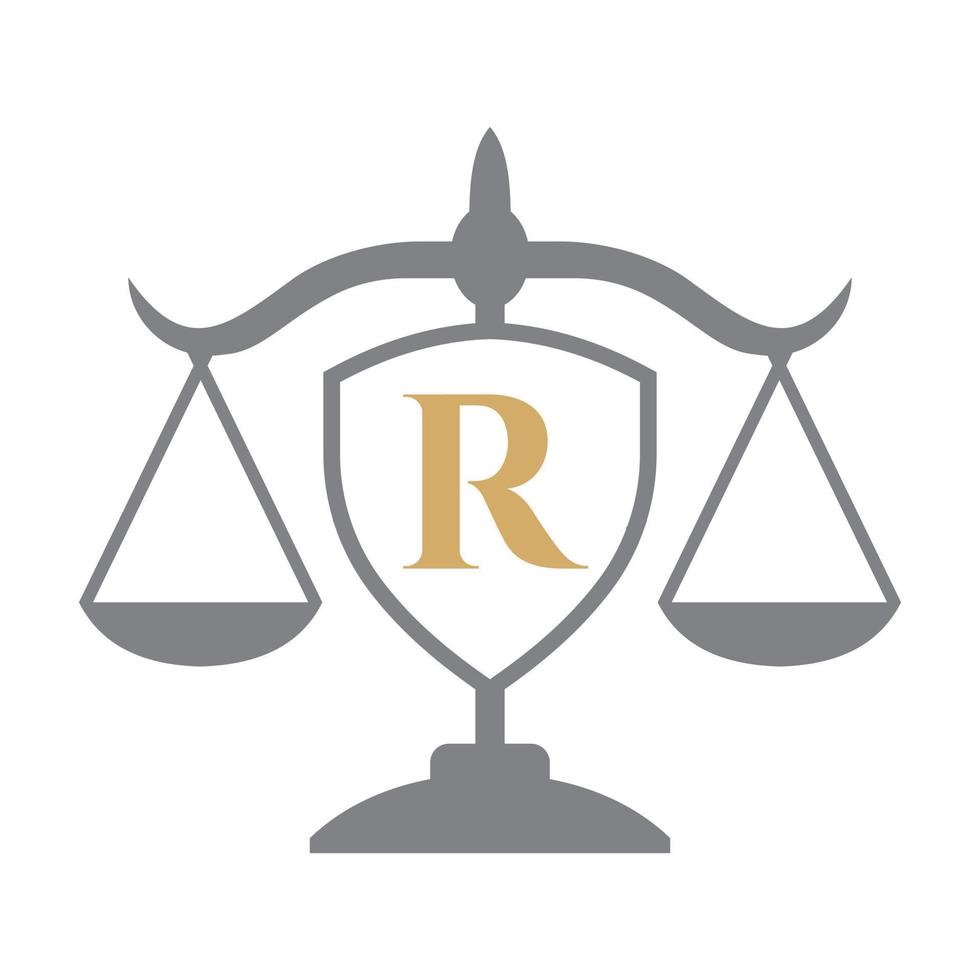 création de logo de cabinet d'avocats sur la lettre r avec signe de bouclier. logo de droit, avocat et justice, avocat, juridique, service d'avocat, cabinet d'avocats, modèle de logo à l'échelle vecteur