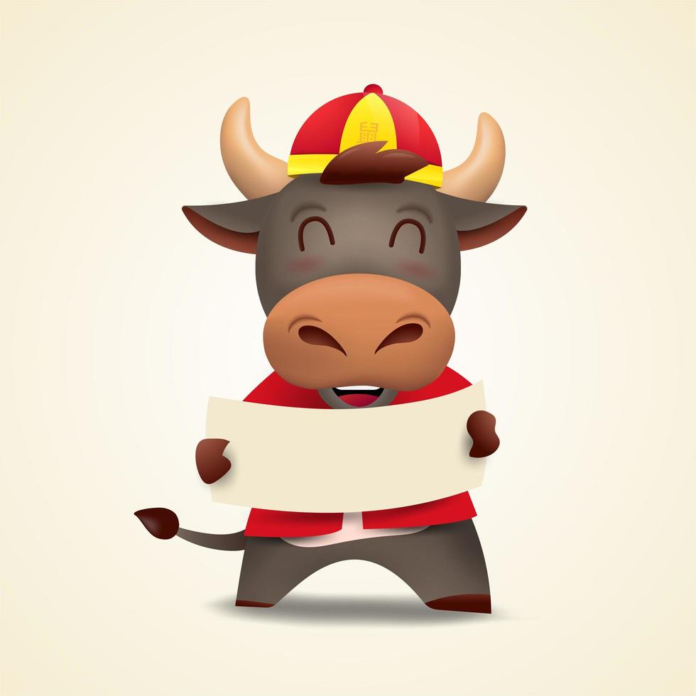 joyeux nouvel an chinois 2021 zodiaque bœuf. mignon personnage de vache en costume rouge. vecteur