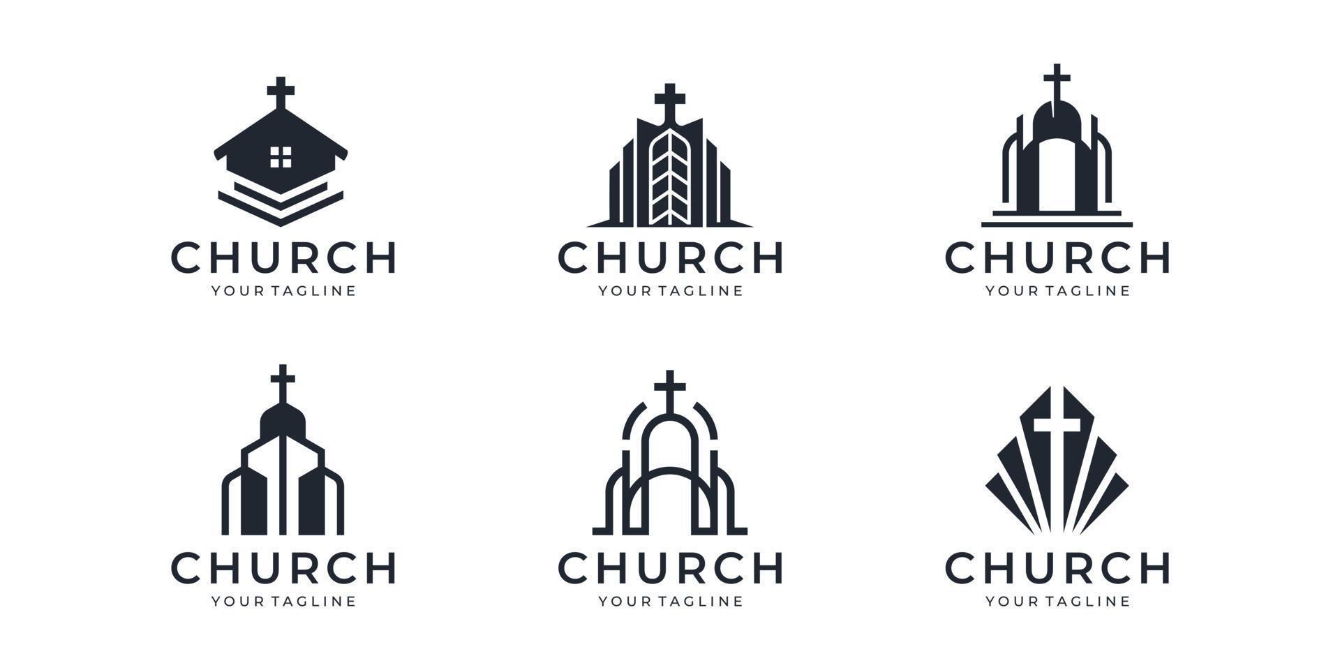ensemble de logo abstrait de l'église. Croix sur le toit de la tour supérieure pour la communauté de l'église chrétienne. vecteur