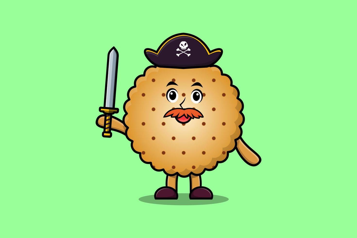 mignon, dessin animé, mascotte, biscuits, pirate, tenue, épée vecteur