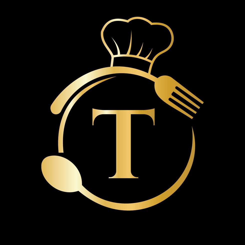 logo du restaurant sur le concept de la lettre t. chapeau de chef, cuillère et fourchette pour le logo du restaurant vecteur