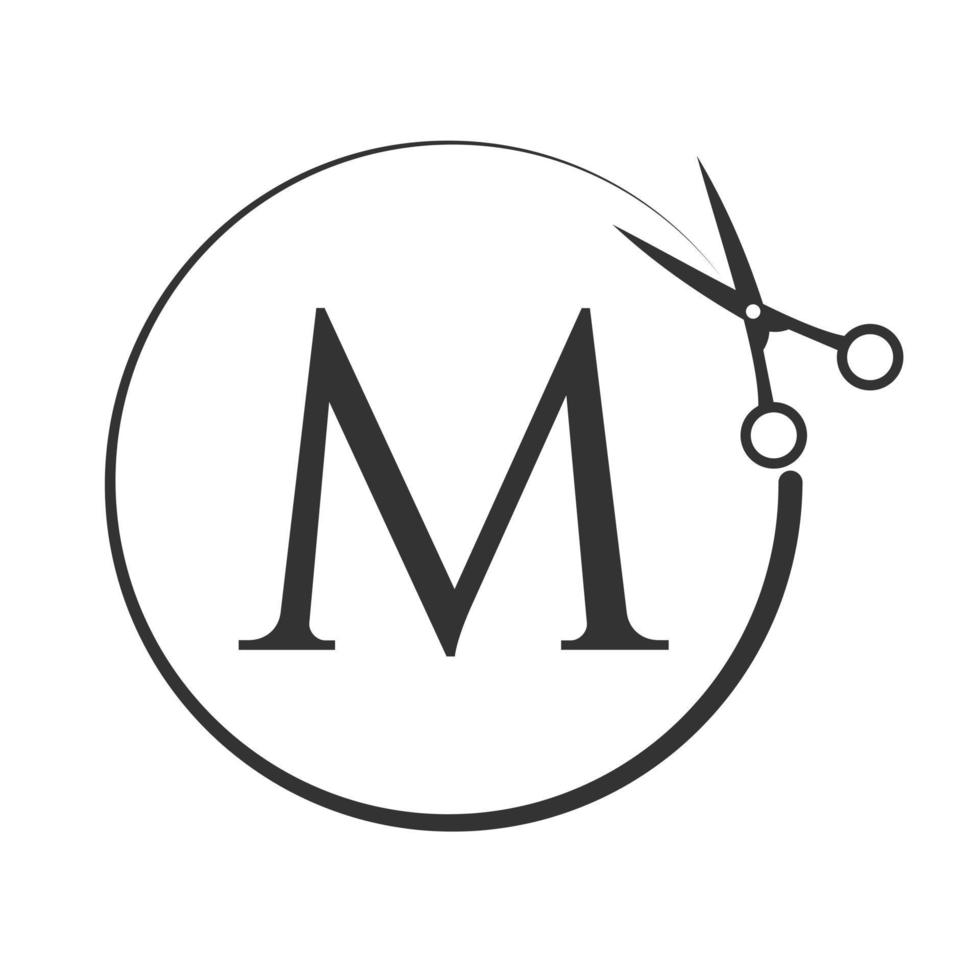 logo de salon et de coupe de cheveux sur le signe de la lettre m. icône de ciseaux avec concept de logotype vecteur