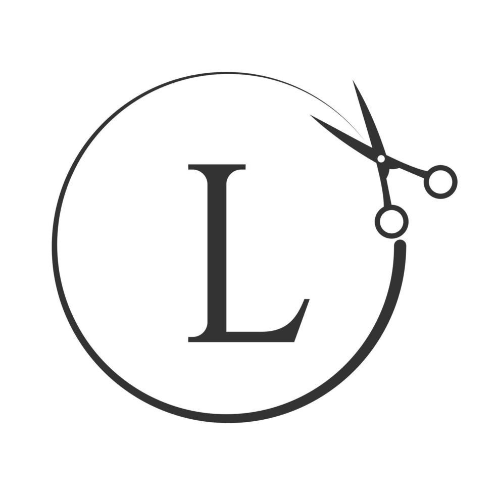 logo de salon et de coupe de cheveux sur le signe de la lettre l. icône de ciseaux avec concept de logotype vecteur