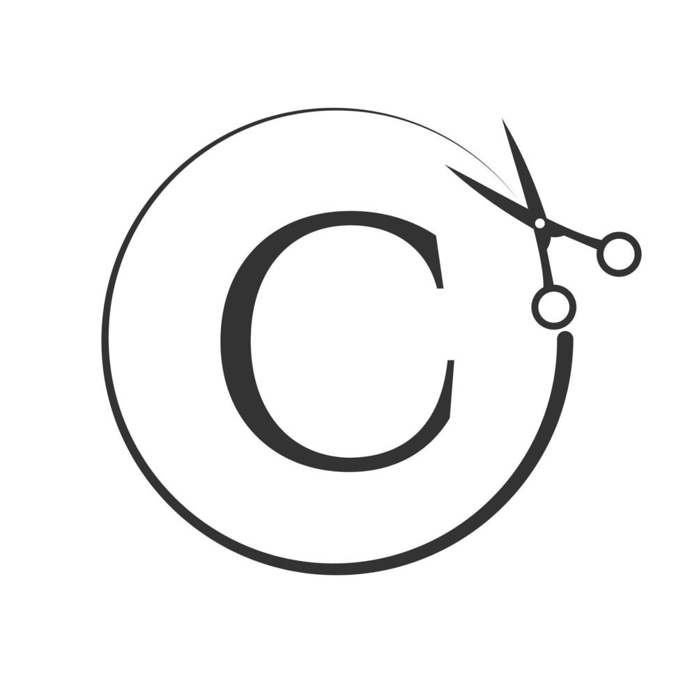 logo de salon et de coupe de cheveux sur le signe de la lettre c. icône de ciseaux avec concept de logotype vecteur