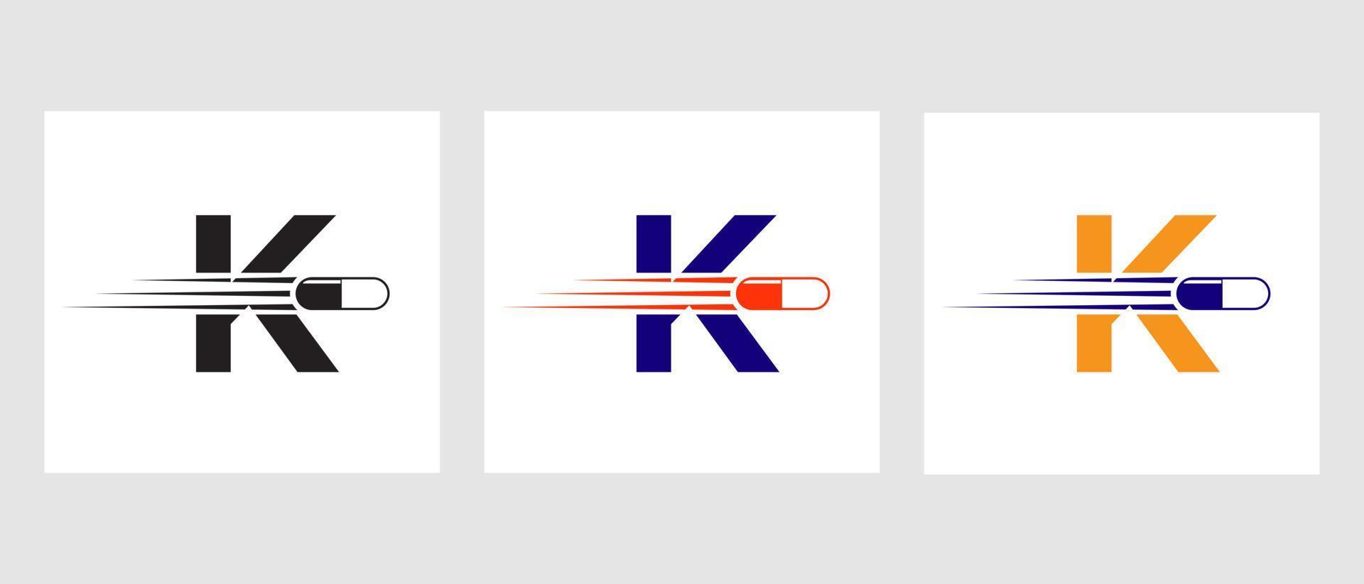 logo de la médecine de la lettre k. concept de logotype médical avec symbole de piles de médicaments vecteur
