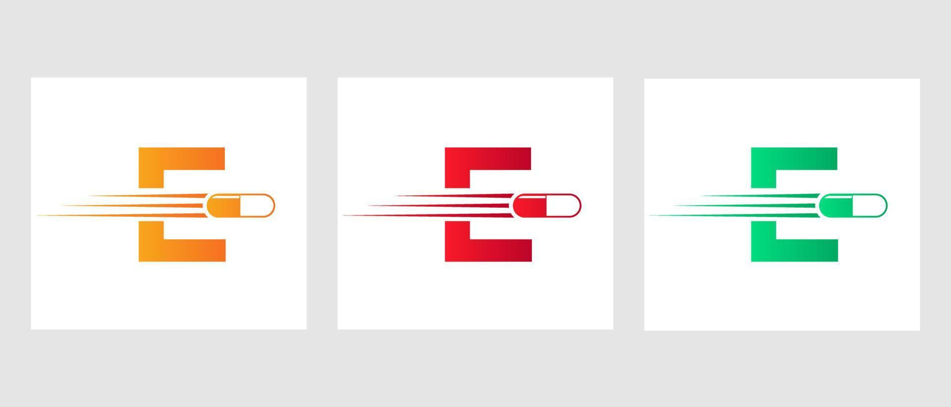 lettre e médecine logo. concept de logotype médical avec symbole de piles de médicaments vecteur