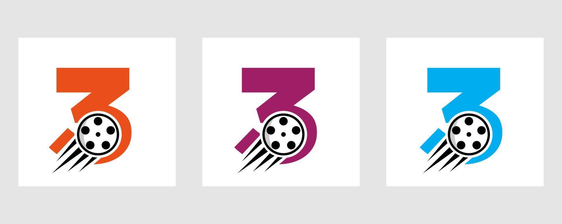 concept de logo de film lettre 3 avec bobine de film pour signe média, symbole de réalisateur de film vecteur