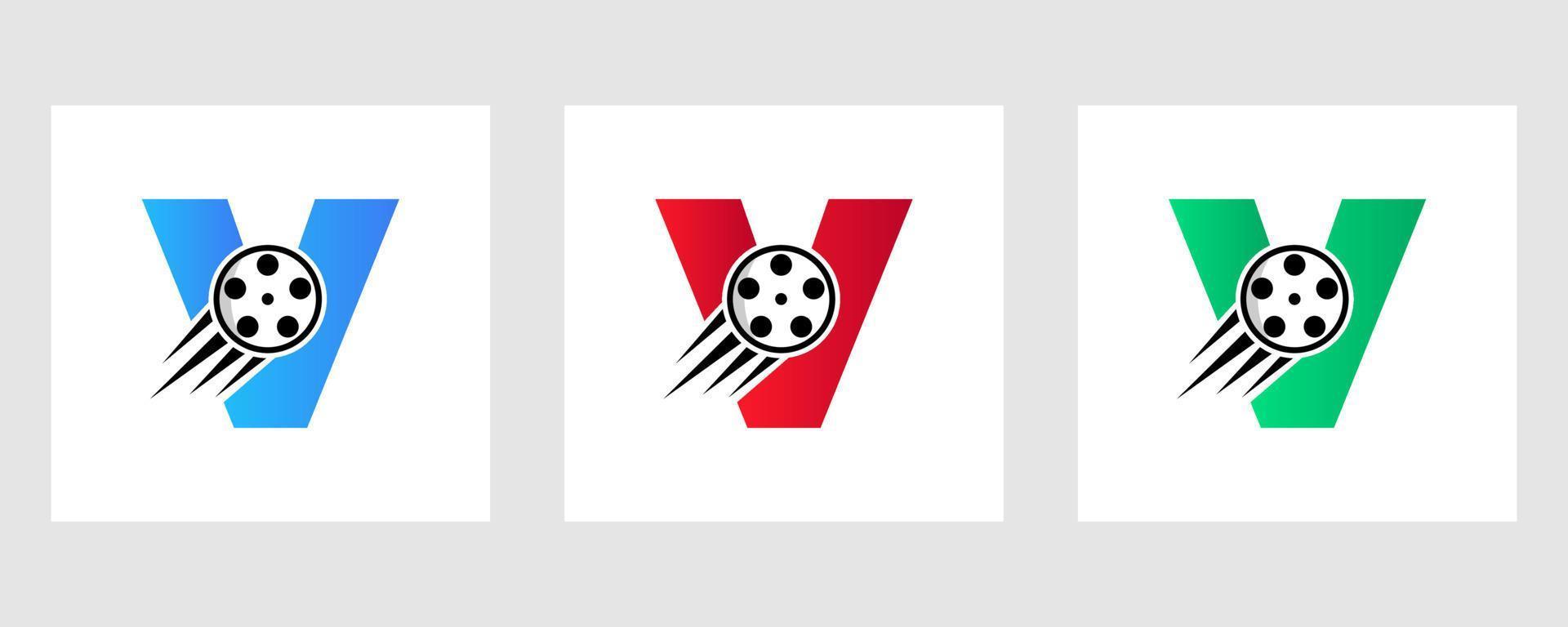 concept de logo de film lettre v avec bobine de film pour signe média, symbole de réalisateur de film vecteur