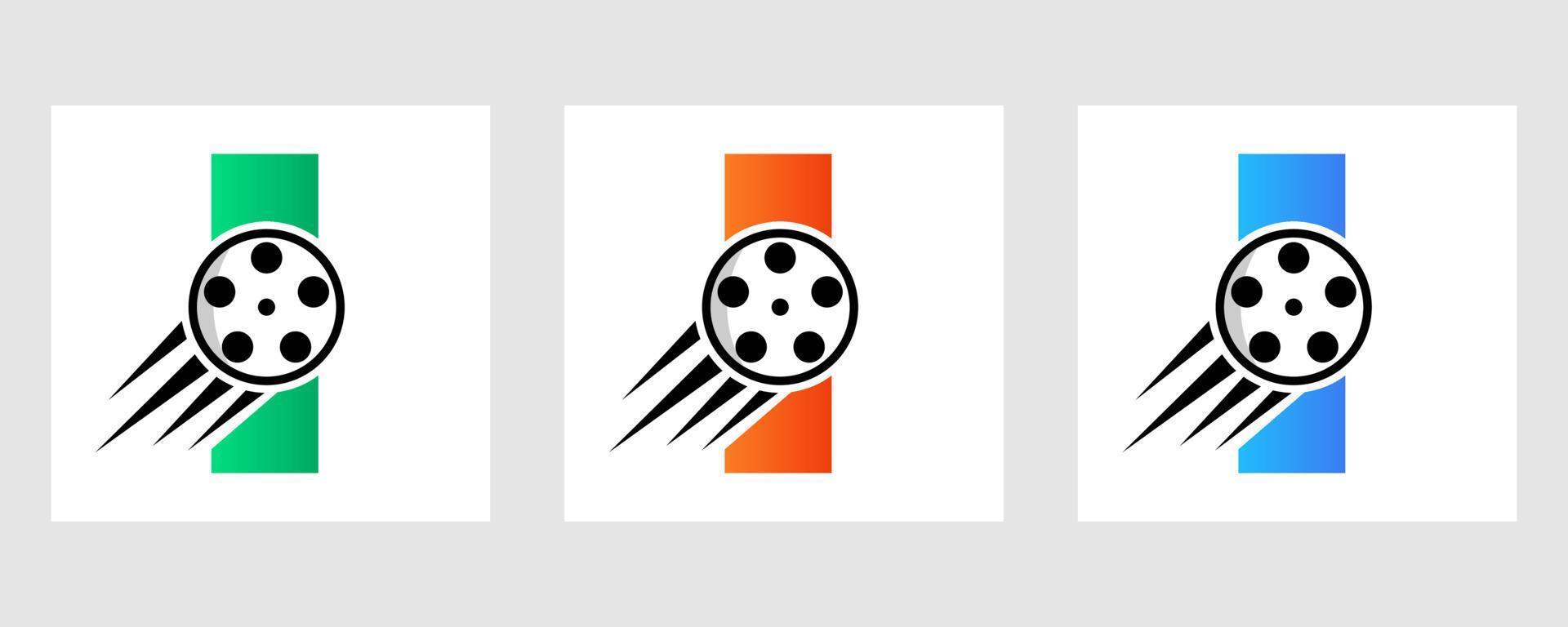 concept de logo de film lettre i avec bobine de film pour signe de média, symbole de réalisateur de film vecteur