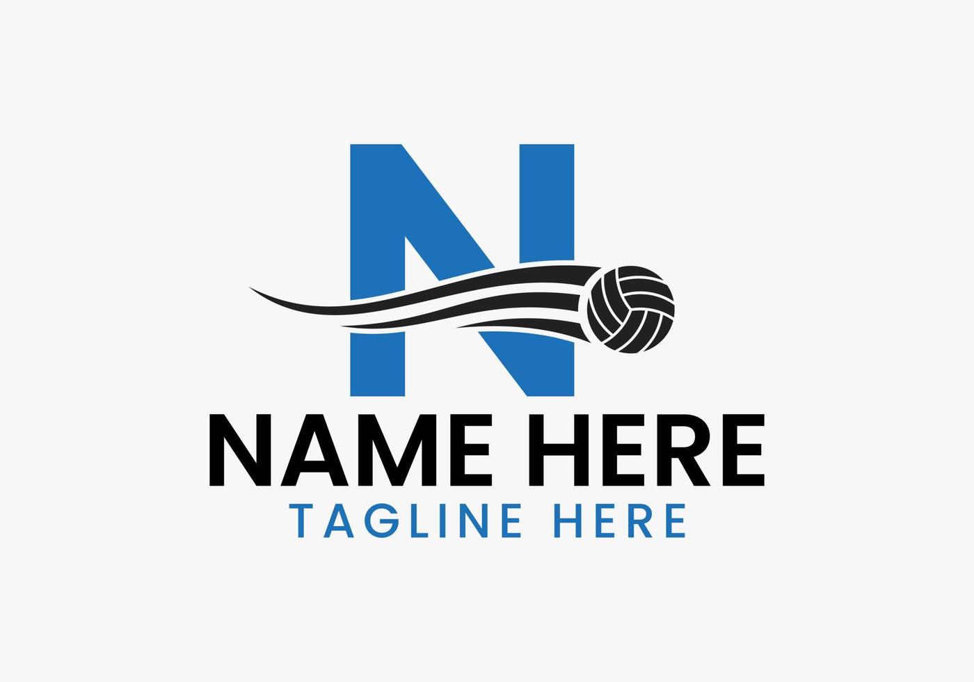 concept de logo de volley-ball lettre n avec icône de volley-ball en mouvement. logotype de sport volley-ball vecteur