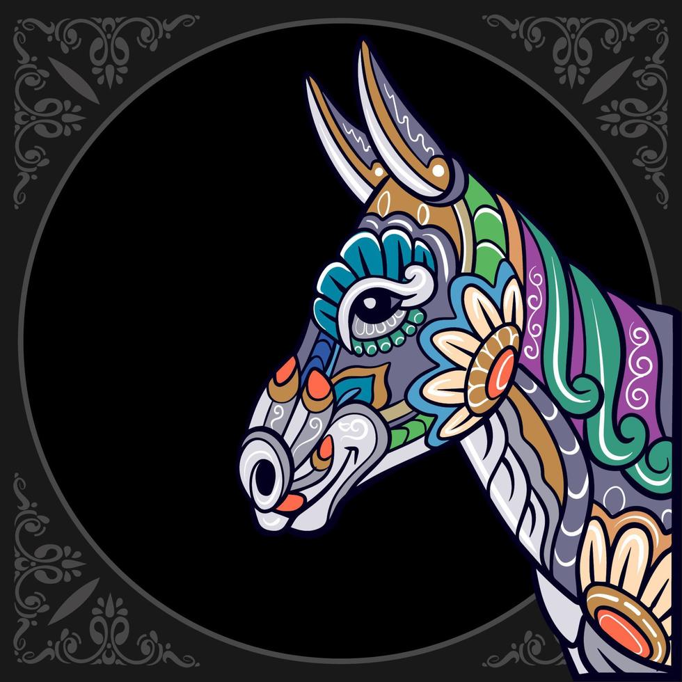 tête d'âne coloré arts du mandala isolés sur fond noir vecteur