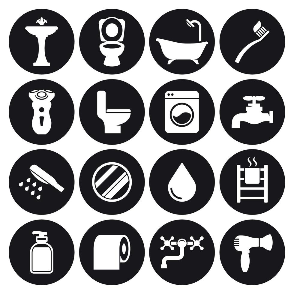ensemble d'icônes de salle de bain. blanc sur fond noir vecteur