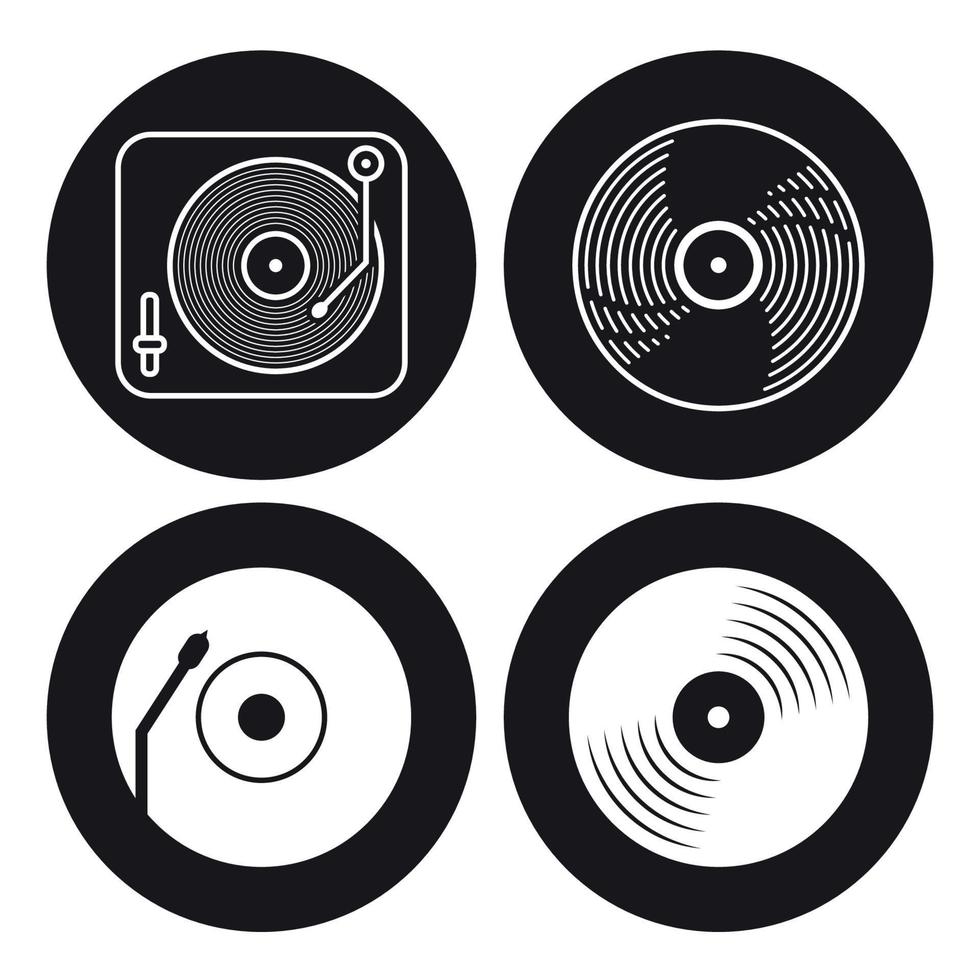 vinyle de quatre icônes, vinyle de logo noir, vinyle d'image de contour ou signe de musique. blanc sur fond noir vecteur