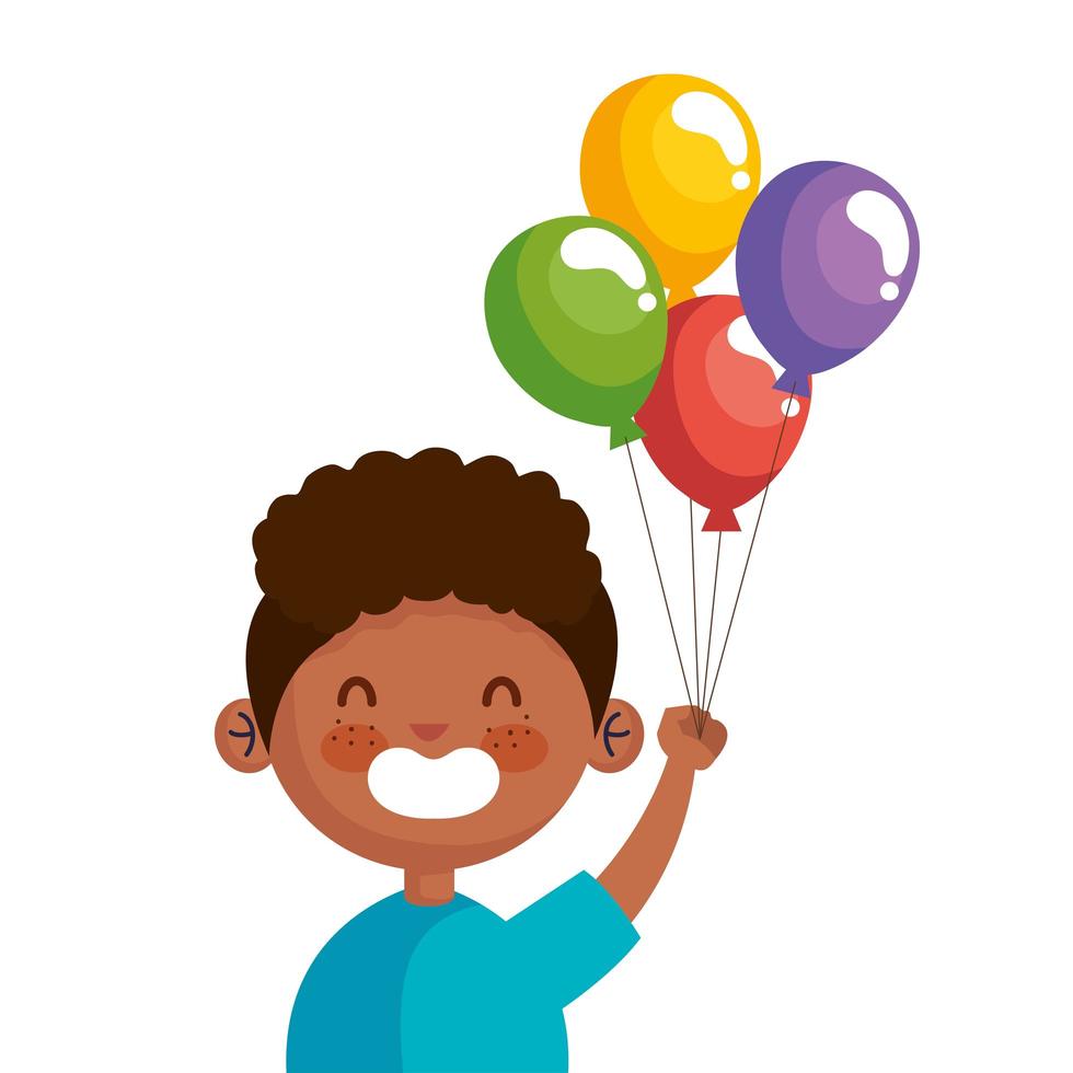 mignon, petit garçon afro, à, ballons, hélium, caractère vecteur