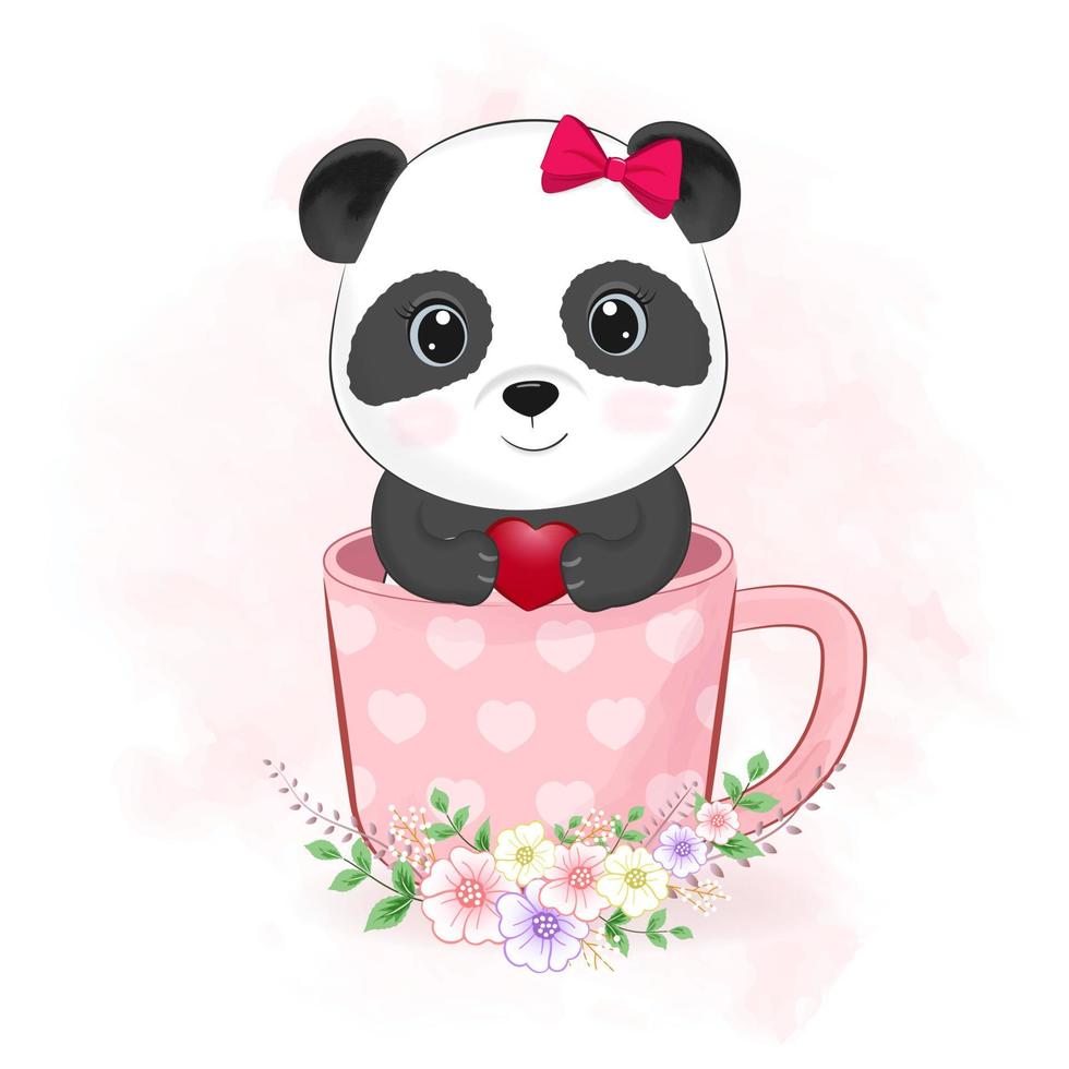 panda mignon dans une tasse à café et un bouquet, illustration du concept de la saint-valentin vecteur