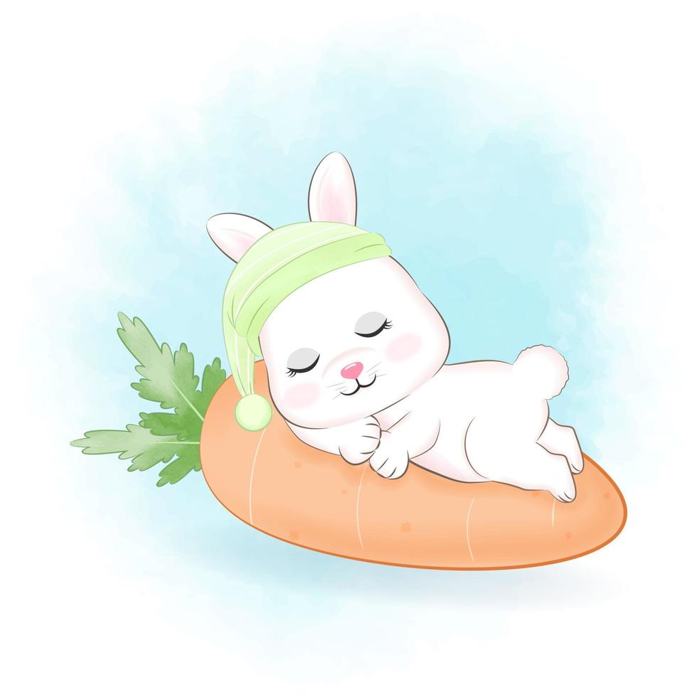 mignon petit lapin dormant sur l'illustration de dessin animé de carotte vecteur