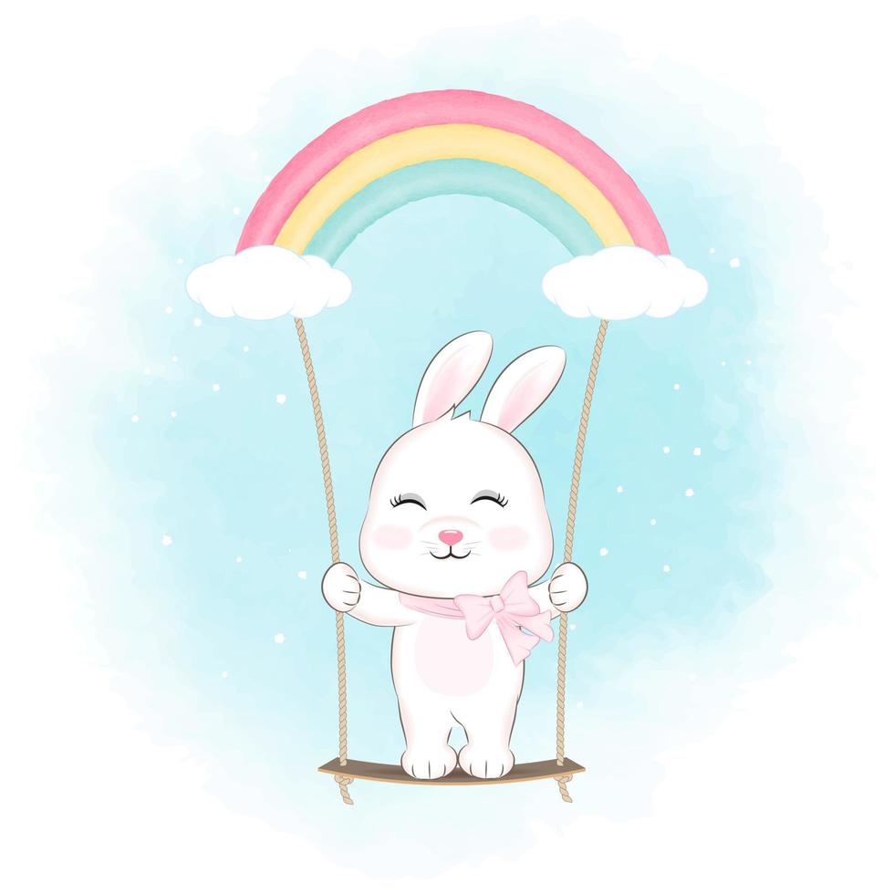 mignon petit lapin sur la balançoire, illustration de dessin animé vecteur