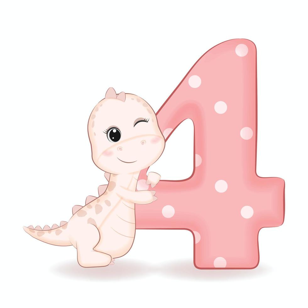 mignon petit dinosaure avec illustration de l'alphabet numéro 4 vecteur