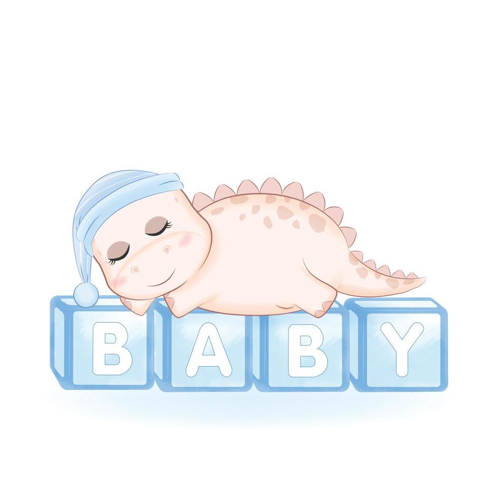 dinosaure mignon dormant sur l'illustration de la boîte à jouets pour bébé vecteur