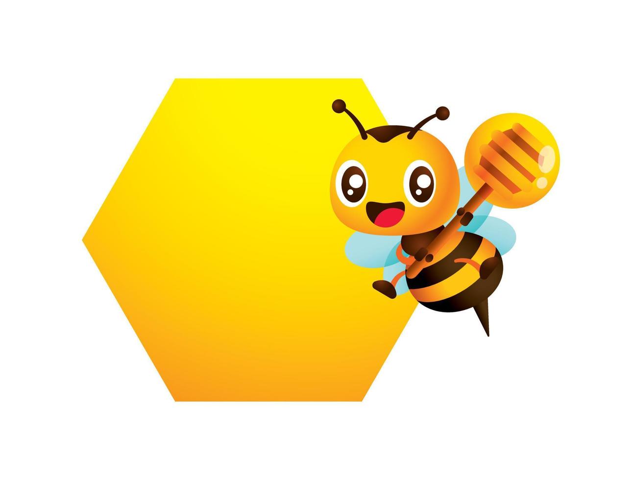 dessin animé mignon abeille souriante tenant une louche à miel volant à côté d'un panneau en forme de nid d'abeille vide vecteur